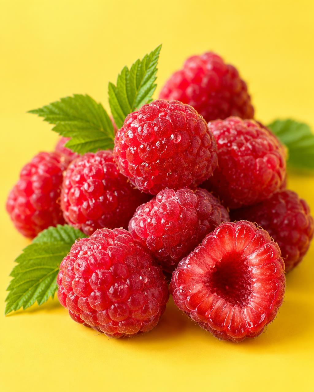 Fresh raspberries on yellow, the flavour inspiration for isomum Raspberry Lemonade