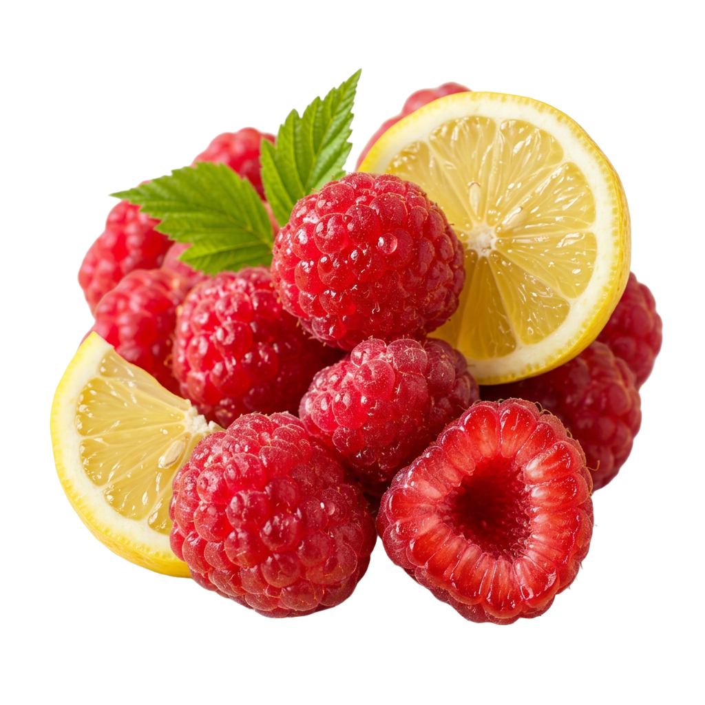 Cut out fresh raspberries and lemon slices, the flavour inspiration behind isomum Raspberry Lemonade