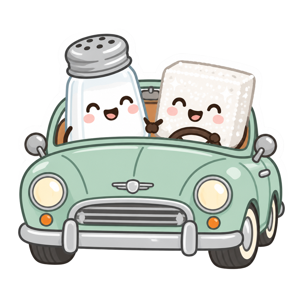 A happy salt shaker and sugar cube holding hands in a little car